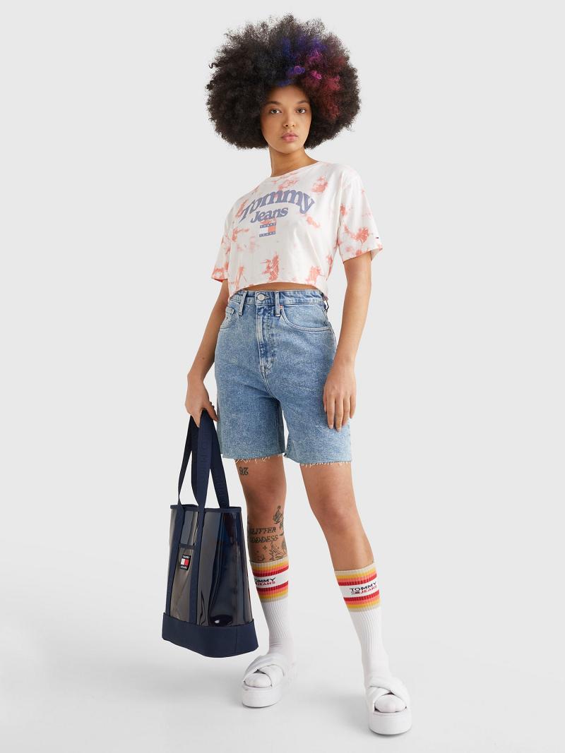 Női Tommy Hilfiger Cropped Tie-Dye Logo Póló Piros Fehér | HU 439HAP